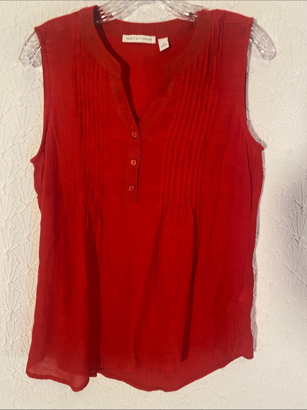 Notations Red Sleeveless Pintuck Henley Tank